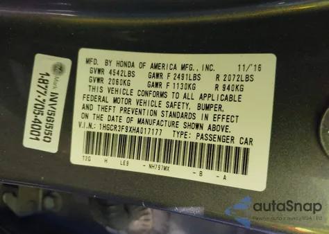 2017 Honda Accord Touring V6 from USA, damaged, VIN 1HGCR3F9XHA017177